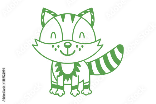 Cheerful green raccoon with striped tail displays cute face and tiny feet