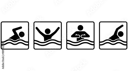 Vector Swimming Style Icons – 4 Unique Silhouettes of Freestyle, Butterfly, Backstroke, Breaststroke for Sports Graphics, Athlete Symbols, Fitness Design, and Aquatic Illustration