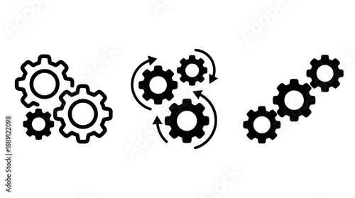 Vector Gear System Icons – 3 Unique Mechanical Silhouettes Featuring Rotating Gears, Engineering Concepts, Automation Graphics, and Industrial Design Elements for Technical Illustration Templates