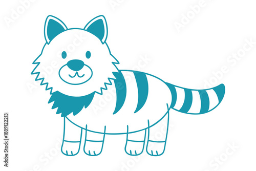 Blue outlined cartoon tiger stands calmly with cute round features on a white background