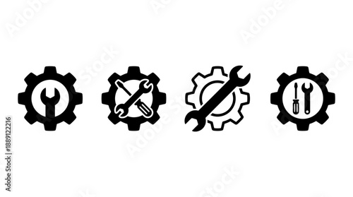 Vector Gear and Tool Icons – Wrench, Screwdriver, Maintenance Symbols for Engineering, Mechanical Repair, Technical Support, UI Settings, Industrial Service Graphics and Editable Illustrations