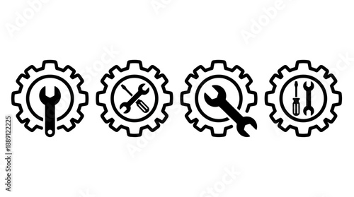 Vector Gear and Tool Icons – Wrench, Screwdriver, Maintenance Symbols for Engineering, Mechanical Repair, Technical Support, UI Settings, Industrial Service Graphics and Editable Illustrations