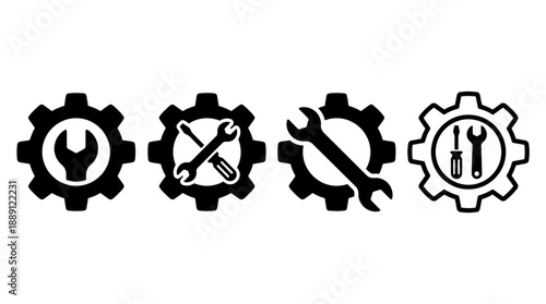 Vector Gear and Tool Icons – Wrench, Screwdriver, Maintenance Symbols for Engineering, Mechanical Repair, Technical Support, UI Settings, Industrial Service Graphics and Editable Illustrations