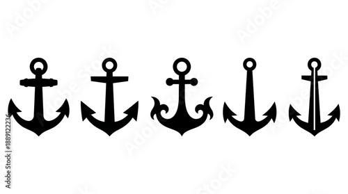Vector Anchor Silhouette Collection – 5 Unique Maritime Designs Featuring Nautical Symbols for Marine Graphics, Ship Equipment Icons, Sailing Decor, and Ocean-Themed Illustrations