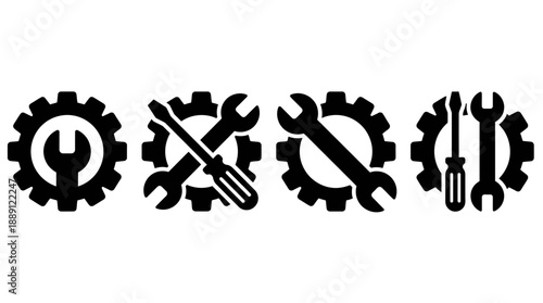 Vector Gear and Tool Icons – Wrench, Screwdriver, Maintenance Symbols for Engineering, Mechanical Repair, Technical Support, UI Settings, Industrial Service Graphics and Editable Illustrations