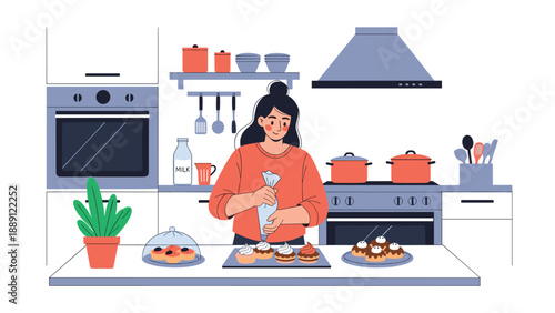 Talented baker focuses on decorating delicious cupcakes with white frosting in a modern kitchen equipped with professional tools.