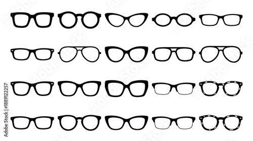 Vector Eyeglass Frame Silhouettes – 24 Unique Optical Styles Including Round, Cat-Eye, Hexagonal, Butterfly, Rectangular Designs for Fashion, Retail, Branding, and Eyewear Design