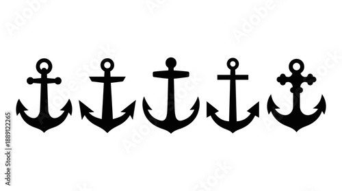Vector Anchor Silhouette Collection – 5 Unique Maritime Designs Featuring Nautical Symbols for Marine Graphics, Ship Equipment Icons, Sailing Decor, and Ocean-Themed Illustrations