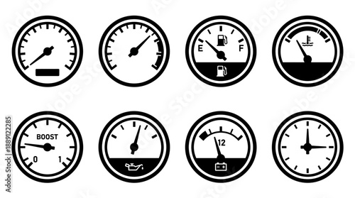 Vector Dashboard Gauge Icons – Speedometer, Tachometer, Turbo, Fuel, Oil, Voltage, Temperature, Clock for Automotive UI, Car Instrument Panel, Vehicle Monitoring Design