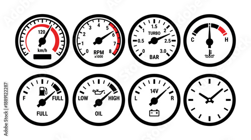 Vector Dashboard Gauge Icons – Speedometer, Tachometer, Turbo, Fuel, Oil, Voltage, Temperature, Clock for Automotive UI, Car Instrument Panel, Vehicle Monitoring Design