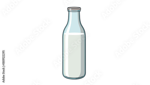 Single glass milk bottle partially filled with fresh white liquid on a clean white background in flat vector style.