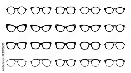 Vector Eyeglass Frame Silhouettes – 24 Unique Optical Styles Including Round, Cat-Eye, Hexagonal, Butterfly, Rectangular Designs for Fashion, Retail, Branding, and Eyewear Design