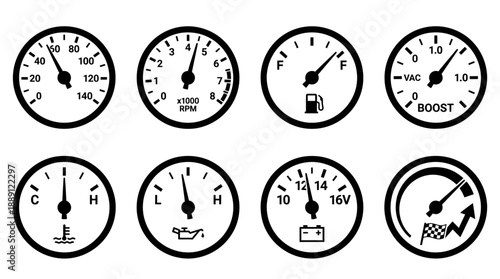 Vector Dashboard Gauge Icons – Speedometer, Tachometer, Turbo, Fuel, Oil, Voltage, Temperature, Clock for Automotive UI, Car Instrument Panel, Vehicle Monitoring Design