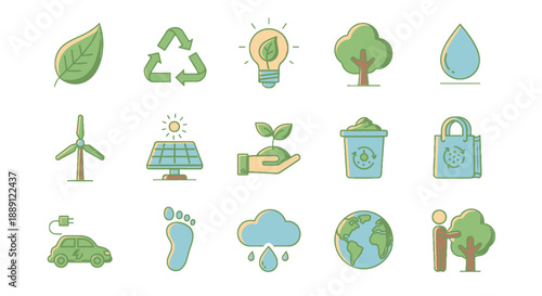 Eco-friendly icons representing sustainability and environmental conservation.