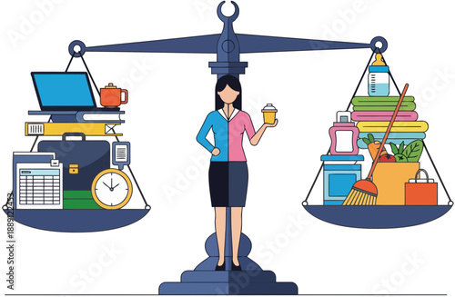 Woman balancing paid work and unpaid care giving on scale concept.