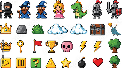 Set of fantasy game icons vector illustration, medieval characters and ui elements collection for RPG adventure design