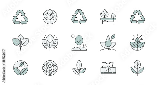 Eco-friendly icons set with recycling symbols and leaves.