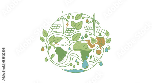 Eco-friendly Earth with renewable energy sources and green elements.