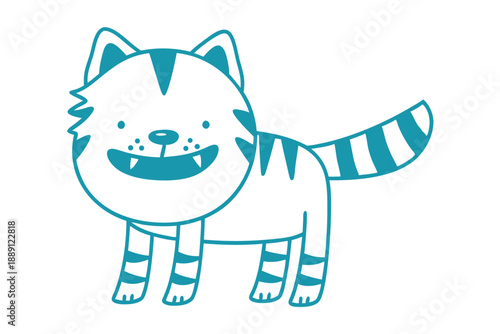 Cartoon tiger with blue stripes smiles with visible teeth, standing against a white background