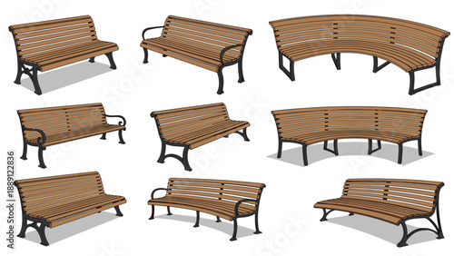 Collection of nine diverse wooden park benches shown from different angles and styles with black metal frames on a plain white background.