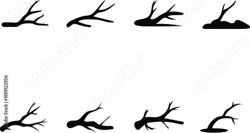 Collection of diverse abstract stylized black tree branch silhouettes isolated on a white background