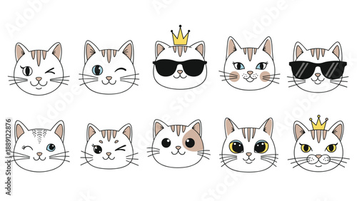Set of ten adorable white cat face icons with various expressions including winking, sleeping, and wearing sunglasses or a golden crown.