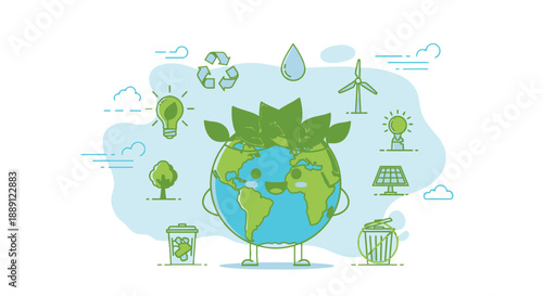 Eco-friendly Earth with renewable energy sources and recycling.