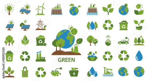 Collection of green icons representing eco-friendly concepts and sustainability.