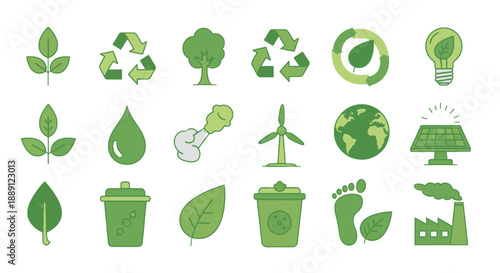 Collection of green eco-friendly icons representing sustainability and environmental conservation.