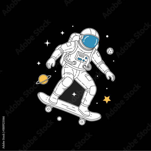 A playful astronaut in a spacesuit skateboarding through a starry cosmic environment with planets.