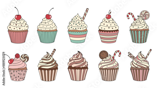 Diverse collection of illustrated cupcakes features colorful frosting and delightful toppings like cherries for a sweet bakery treat.