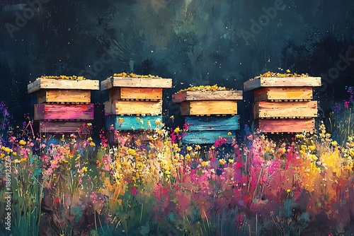 Wooden beehives, lush floral backdrop high resolution picture.