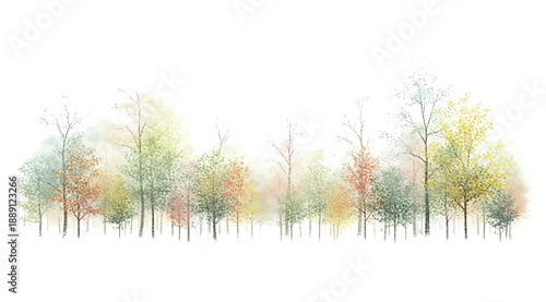 Watercolor vector illustration of a forest with trees in seasonal transition, blending soft translucent brushstrokes of green, yellow, orange, and red foliage to create serene autumn landscape for des