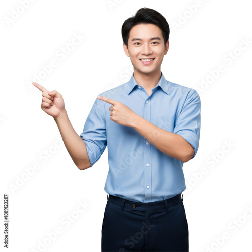 Asian businessman pointing something isolated on white