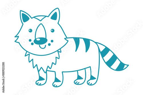 Stylized blue raccoon with bold outlines stands against the white background in cartoon form