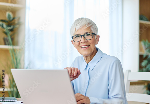 Portrait of a mature senior woman a businesswoman working from home having a meeting online, home office, or a student learning, or mature woman surfing net shopping or reading