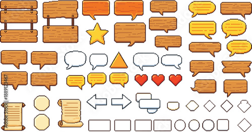 Set of pixel art wooden speech bubbles and UI elements vector illustration, retro game interface icons collection