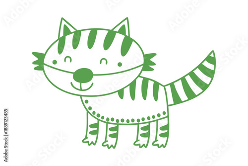 Cheerful cartoon cat in green is looking forward with stripes on a white background