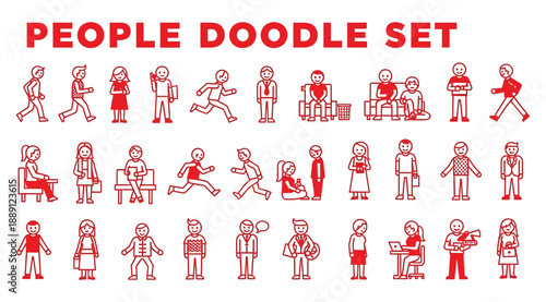 Vector illustration set of thirty red doodle line drawings of people in diverse poses and activities, including walking, sitting, reading, talking, working, and social interaction for design, educatio