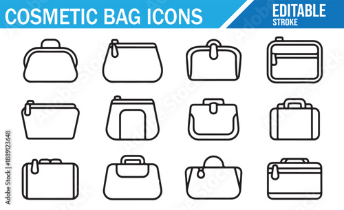 Editable stroke cosmetic bag line icon set.