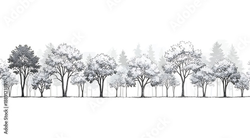 Minimalist grayscale forest illustration featuring diverse tree silhouettes in varying shapes, sizes, and foliage density, arranged in a horizontal row with layered depth and artistic detail