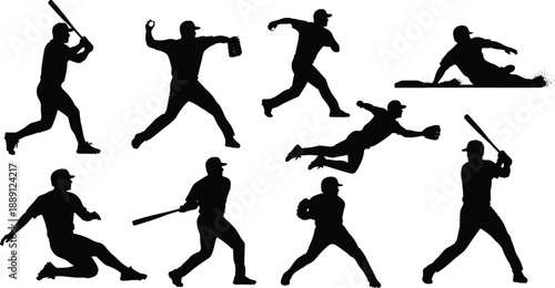 Black silhouette baseball player icon set showing batting, pitching, catching, sliding, and fielding action poses isolated on white background vector illustration