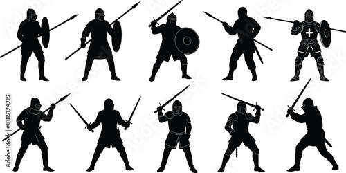 Black silhouette medieval knight warrior icon set showing armed fighters with swords, spears, and shields in combat poses isolated on white background vector illustration