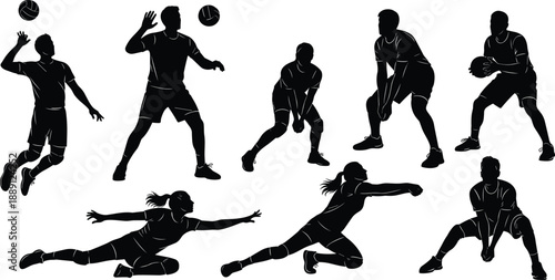 Black silhouette volleyball player icon set showing serving, setting, spiking, digging, and diving action poses isolated on white background vector illustration