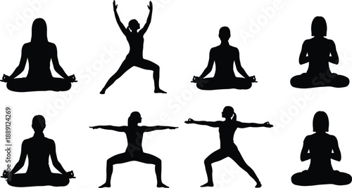 Black silhouette yoga and meditation icon set showing seated mindfulness and standing asana poses for wellness practice isolated on white background vector illustration
