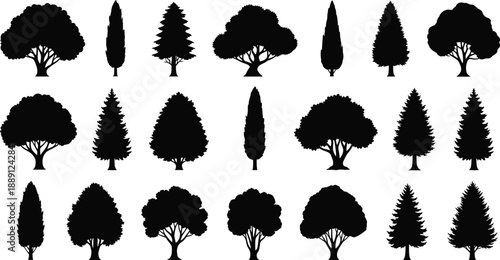 Collection of tree silhouettes featuring deciduous and conifer shapes, natural forest elements isolated on white background vector illustration