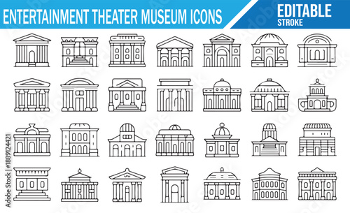 Monochrome icon pack of historic buildings.