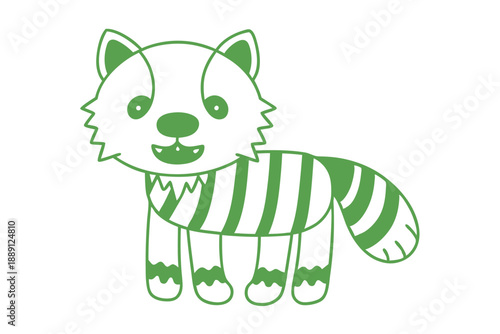 Green cartoon fox stands cheerfully with striped body and jagged edges, creating playful charm