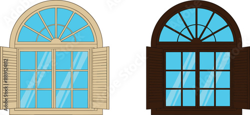 Set of arched wooden windows with shutters in light and dark styles isolated on white background, home architecture vector illustration