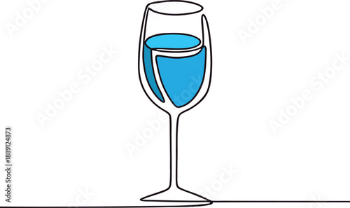 Minimal one line drawing of a wine glass filled with blue liquid. Clean continuous line art illustration symbolizing drink, celebration, and elegant lifestyle. Ideal for bar menus, restaurant branding